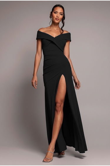 Goddiva Scuba Crepe Off Shoulder Front Split Maxi Dress - Black