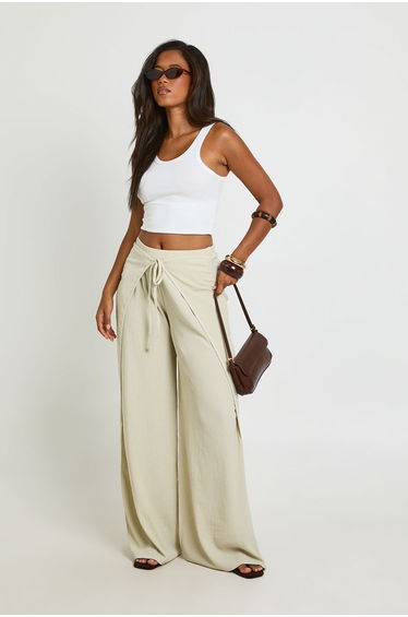 Textured Tie Front Wide leg Trouser - ecru