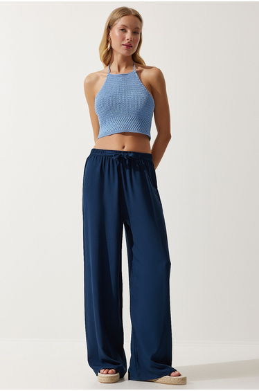 Women's Navy Blue Flowy Knitted Palazzo Trousers