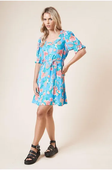 Petite Floral Frill Neckline Tie Back Mini Dress