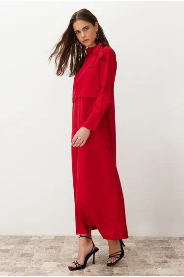 فستان بدون بطانة لون أحمر سادة