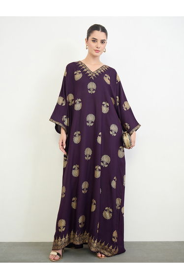 Purple Foil Print Kimono Sleeves Jalabiya