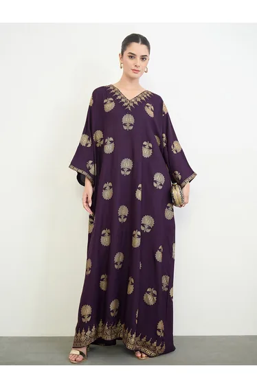 Purple Foil Print Kimono Sleeves Jalabiya