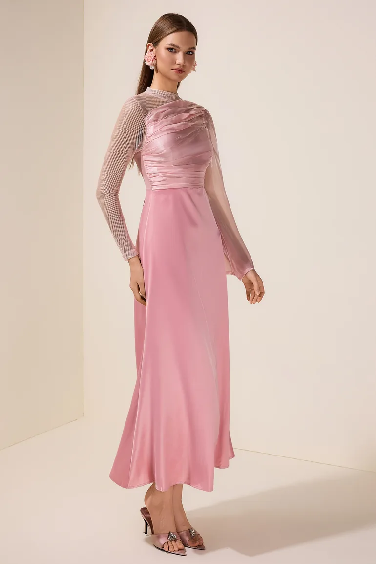 Luxury Splicing Satin Stand Collar Maxi Dress With Belt