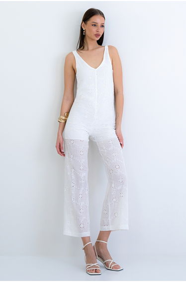 White Strappy Scallop Embroidered Lined Woven Jumpsuit