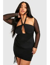 Plus Mesh Sleeve Double Slinky Bodycon Dress - black - 1