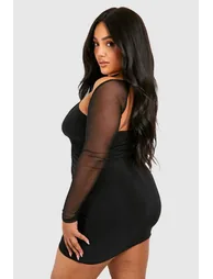 Plus Mesh Sleeve Double Slinky Bodycon Dress - black - 2