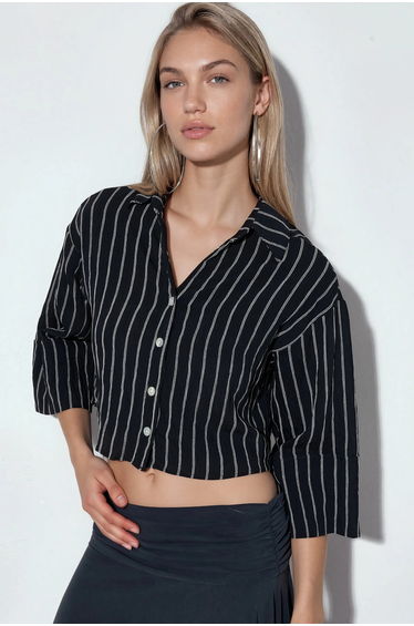 BDART Oversized Striped Cropped Shirt with Button Closure