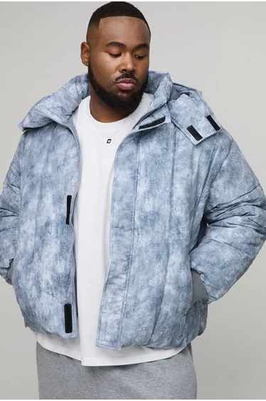 جاكيت دوفيت منفوخ نايلون بتصميم واسع بهودي بياقة عالية لون رمادي - للمقاسات الكبيرة