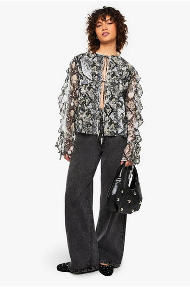 Snake Print Chiffon Tie Front Blouse - snake