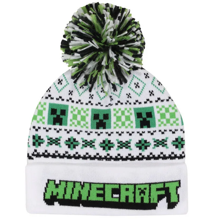 Minecraft Unisex Adult Creeper Pom Pom Skiing Beanie - White/Green