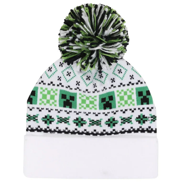Minecraft Unisex Adult Creeper Pom Pom Skiing Beanie - White/Green - 1