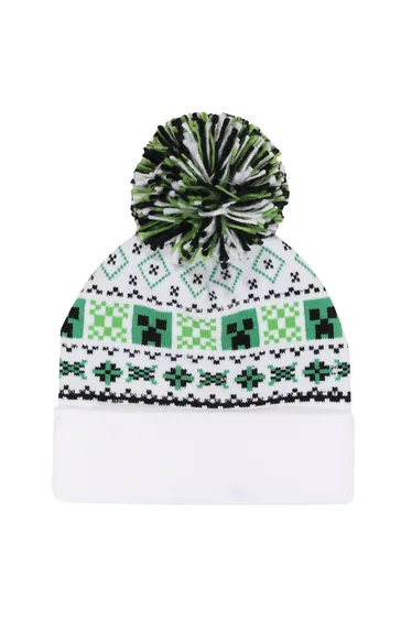 Minecraft Unisex Adult Creeper Pom Pom Skiing Beanie - White/Green