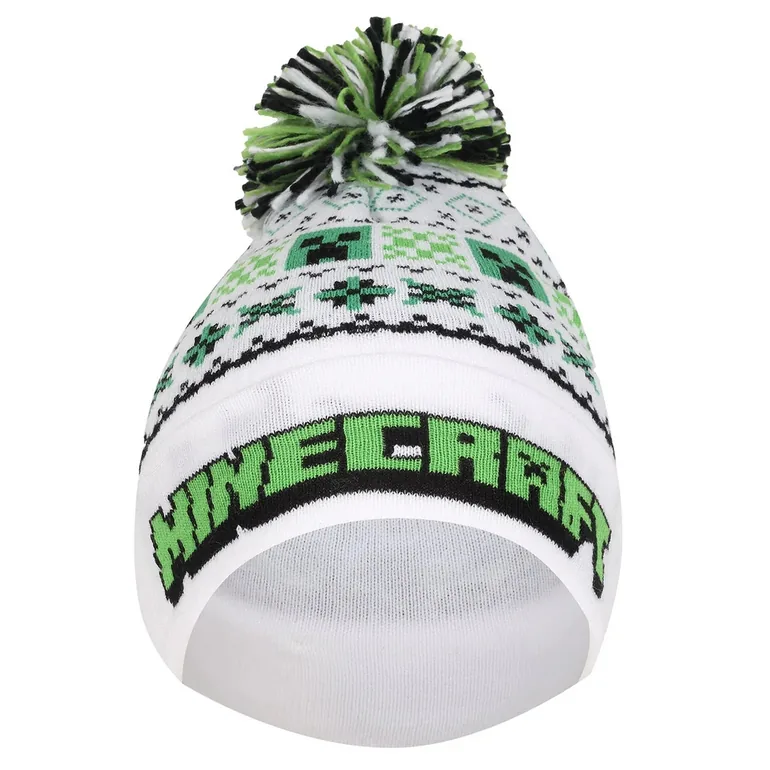 Minecraft Unisex Adult Creeper Pom Pom Skiing Beanie - White/Green - 2