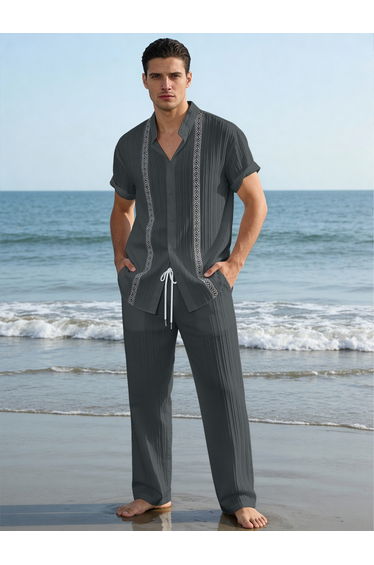 Men Grey Jacquard Stand Collar Short Sleeve Button Front Shirt and Pants Co-Ords