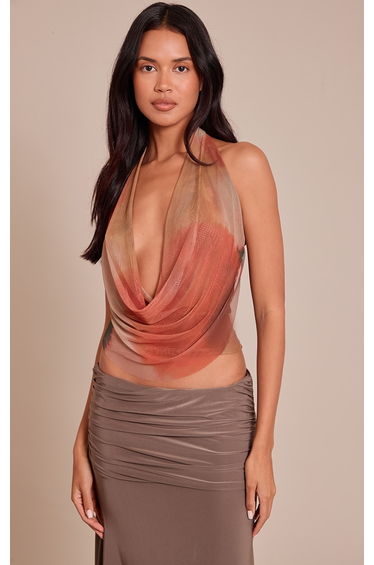 Multi Abstract Printed Mesh Halter Neck Top