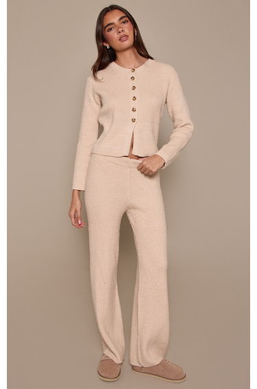 Oatmeal Wide Leg Knit Trousers