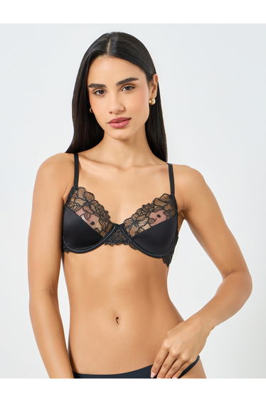 Black Lace Patchwork Padded Wired Bra