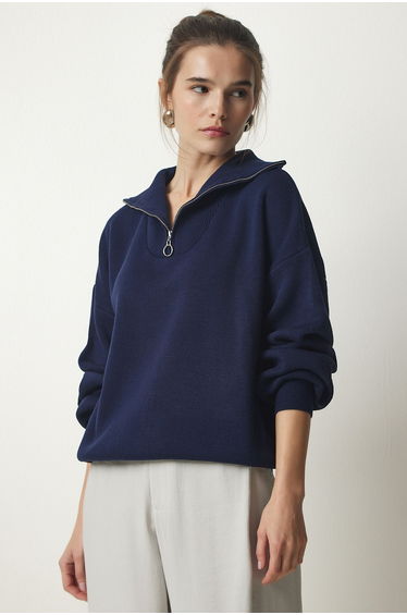 Women's Navy Blue Zipper Collar Basic Knitwear Sweater