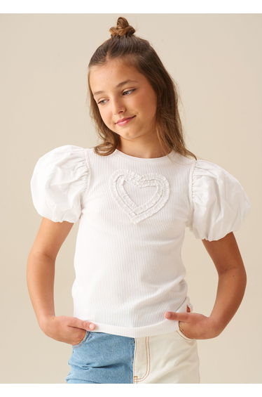 Eve Ruffle Heart Puff Sleeve Tee - White
