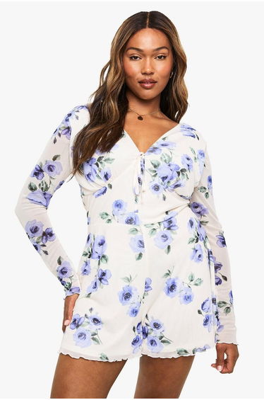 Plus Floral Mesh Flippy Playsuit - purple