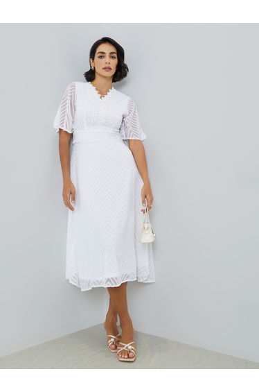 Women White Lace Trim A-Line Midi Dress