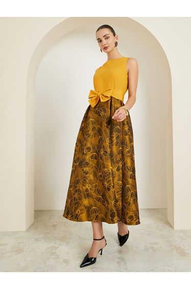 Yellow Floral Sleeveless Maxi Dress with Bow Detail