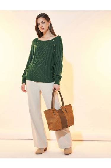 Relaxed Fit Cable Knit Sweater with Button Detail