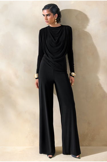 Raniella | Black High-Neck Top With Gathered And Draped-Detailing