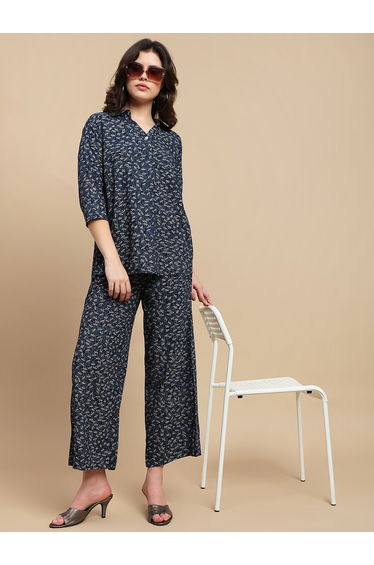 Navy Blue Ditsy Print Wide Leg Pants
