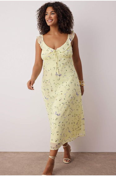 Yellow Chiffon Floral Midi Woven Plus Size Dress