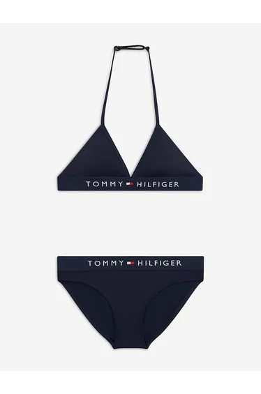 بكيني بناتي بتصميم مثلث بطبعة شعار لون كحلي