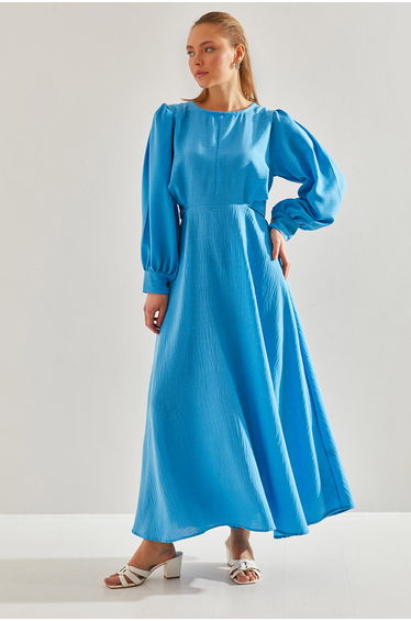 Modest Women's Kuşak Tie-Detail Long Hijab Dress