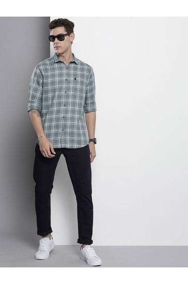 Men Grey Checked Spread Collar Shirt