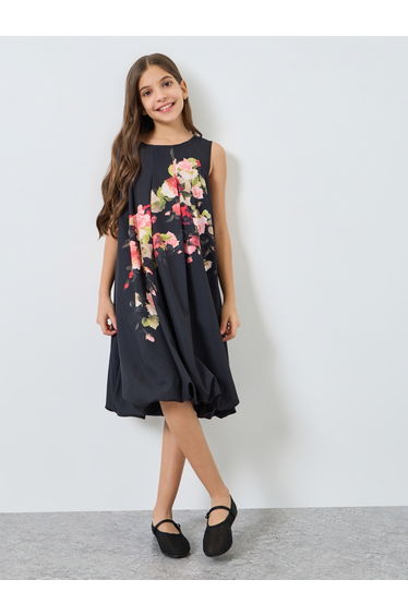 Girls Floral Print Balloon Hem Knee-Length Dress