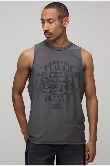 Charcoal Regular Exposed Seam Skull Print Tank - charcoal