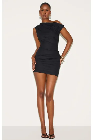 فستان بأكتاف ملتفة لون أسود