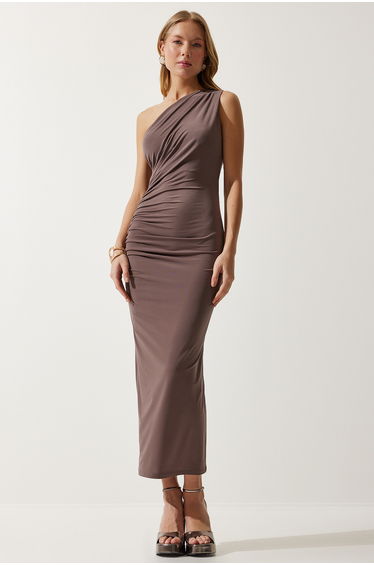 Women's Mink One Shoulder Gathered Saran Sandy Dress