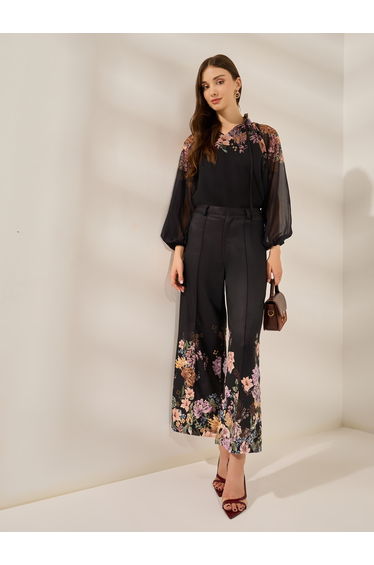 Black Wide Leg Trousers with Floral Hem