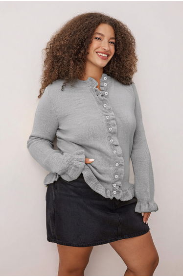 Light grey button & ruffle detailed soft textured knit cardigan