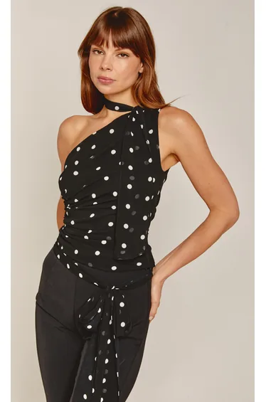 Black Polka Dot One Shoulder Scarf Top