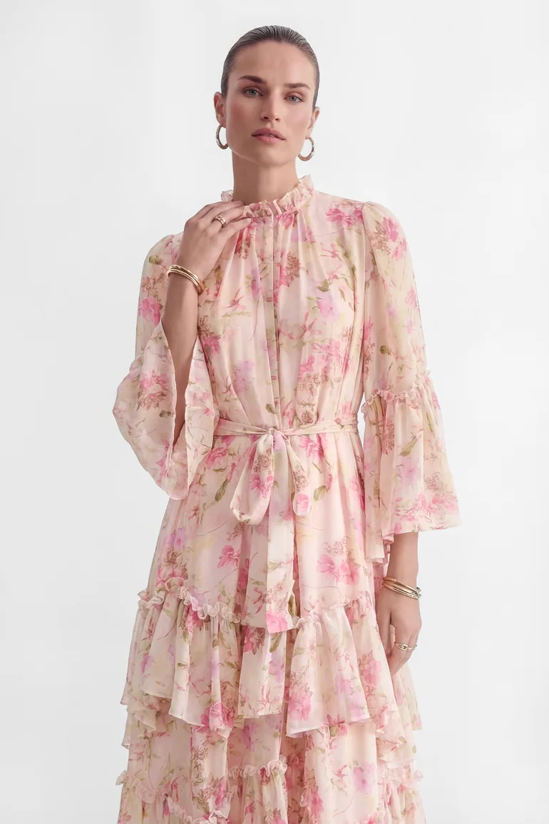 Dreamy Occasions Pink Floral Print Tiered Ruffle Maxi Dress - 1