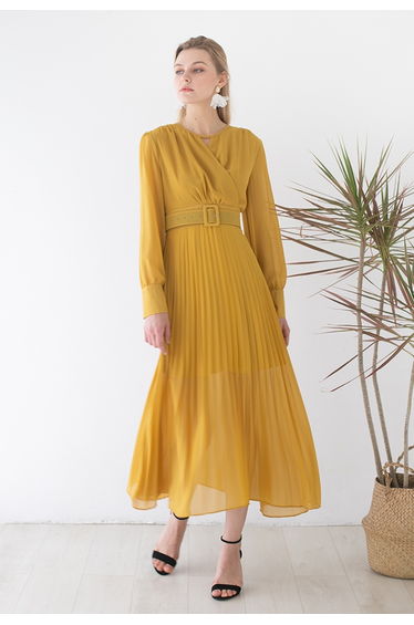 Flowy Chiffon Wrap Pleated Maxi Dress in Yellow