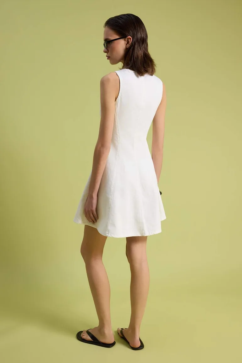 Ecru V-Neck Flounced Mini Denim Dress - 3