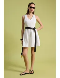 Ecru V-Neck Flounced Mini Denim Dress