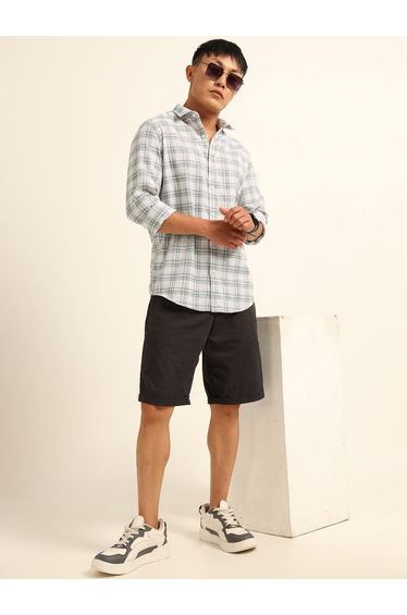 Men White Checked Spread Collar Shirt