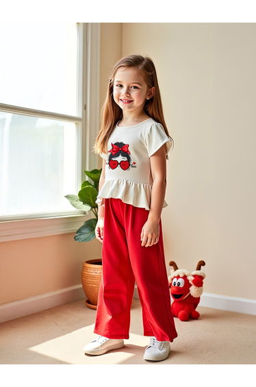 Kids 2pcs Printed Short Sleeve T-Shirt and Red Wide Leg Pants Sets