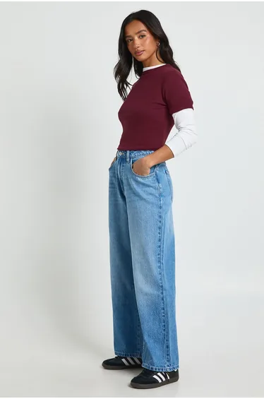 Petite Boohoo Basics High Waist Straight Leg Jean - mid wash