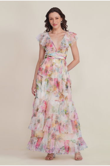 Olympia Maxi Dress in Cream Pink Floral