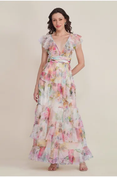 Olympia Maxi Dress in Cream Pink Floral